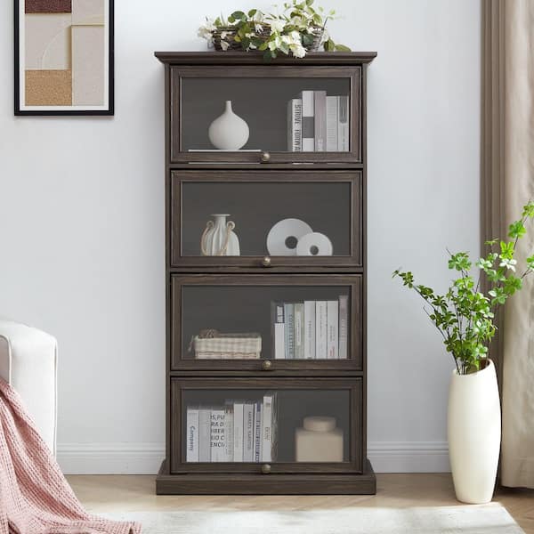 Mid-Century Modern Antique Brown 63 in. 4-Tier Accent Display Cabinet with 3-Shelves and 4-Flip up Glass Doors