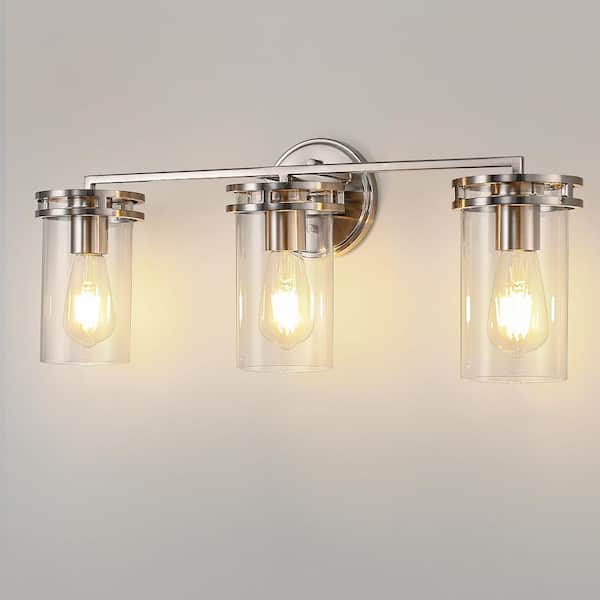 YANSUN 24 in. 3-Light Brushed Nickel Vanity Light with Clear Glass for Elegant Bathroom
