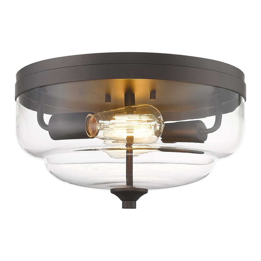 JAZAVA 13 in. 2-Light Oil Rubbed Bronze Flush Mount with Clear Glass ...