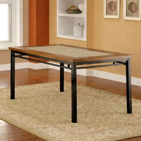 Gavriel Industrial Natural Elm and Bronze Metal and Wood Veneer, Stone 60 in. 4 Leg Base Dining Table Seats 6