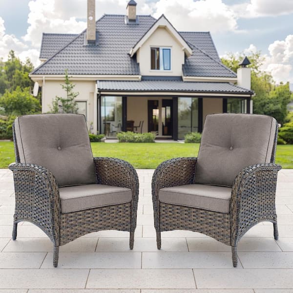 Porch Brown Wicker Outdoor Lounge Chair with Gray Cushions (2-Pack)