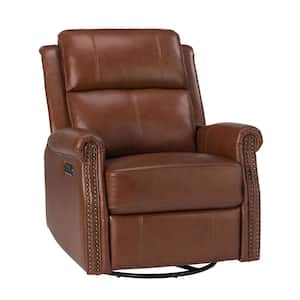 Kaletan Traditional Brown Genuine Leather Power Sliding and Rocking Swivel Recliner Nursery Chair with Rolled Arms