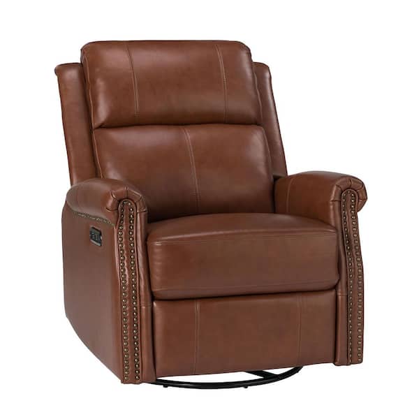 JAYDEN CREATION Kaletan Traditional Brown Genuine Leather Power Sliding and Rocking Swivel Recliner Nursery Chair with Rolled Arms