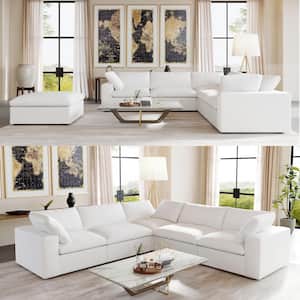 120.45 in. Modular Linen Down Upholstered Free Combination Large 6-Seat L-shape Corner Sectional Sofa with Ottoman,White