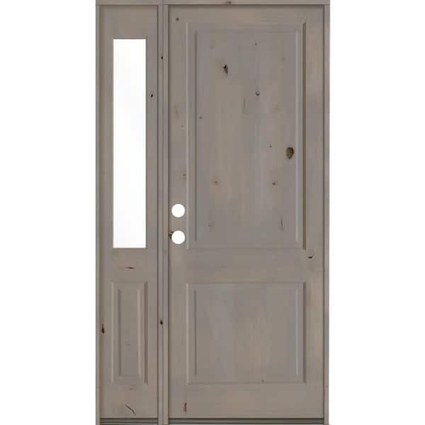 Krosswood Doors 46 in. x 96 in. Rustic knotty alder 2-Panel Sidelite Right-Hand/Inswing Clear Glass Grey Stain Wood Prehung Front Door