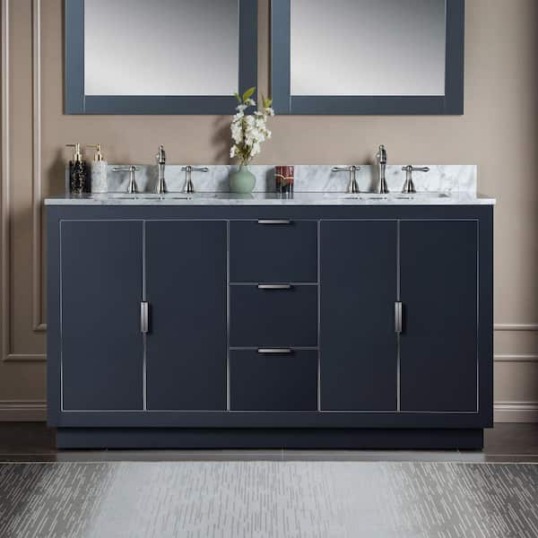 Venice 61 in. W x 22 in. D x 38 in. H Bath Vanity in Grey with Carrara White Marble Vanity Top with White Basin