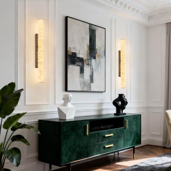 Natural Alabaster 36 in. 2-Light Spanish Marble Wall Light Cylinder Modern Black LED Wall Sconces (L-2Pack)