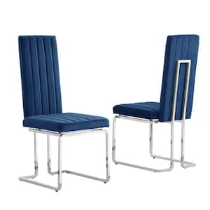 Jana Navy Blue Velvet Fabric Vertical Line Design Chrome Iron Side Chair (Set of 2)
