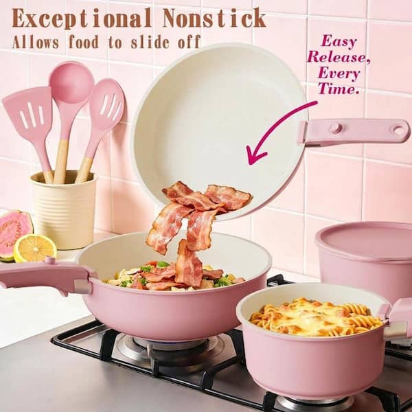 LAIFUCAM 21-Piece Aluminum Nonstick Cookware Set in Pink, Healthy