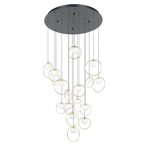 Portocolom 30.7 in. W x 94.5 in. H 17-Light Black Statement LED Pendant Light with Brass Rings and White Glass Spheres