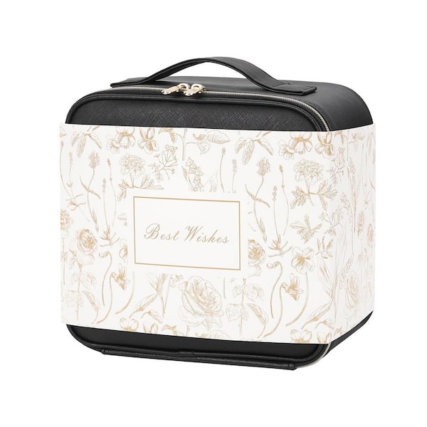 Black Makeup Toiletry Bag with LED Mirror, Travel Cosmetic Organizer Case for Women, 3 Color Lights, Adjustable Dividers