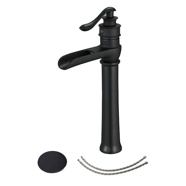 FLG Single Handle Single Hole Waterfall Bathroom Vessel Sink Faucet Brass Tall h Taps with Pop-Up Drain Kit in Matte Black