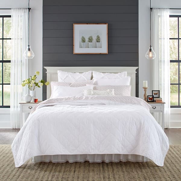 Laura Ashley Cyndie Solid 2-Piece White Cotton Twin Quilt Set