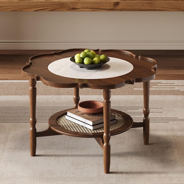 31.5 in. Walnut Specialty Petal-Shaped White Crackle Glass Mid-Century Modern Coffee Table w/Rattan Shelf, 2-Tier Design