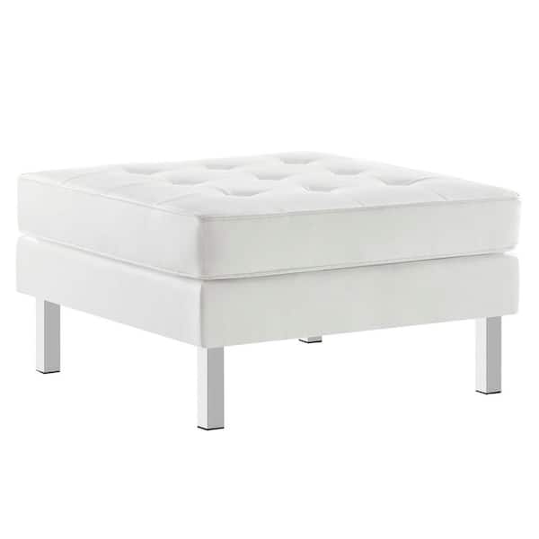 MODWAY Loft Silver White Tufted Button Upholstered Faux Leather Ottoman