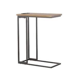 19 in. Modern Light Brown C Shape Wood Side End Table with Metal Frame and USB