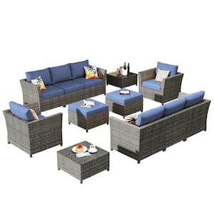 Cascade Gray 12-Piece Wicker Outdoor Sectional Set with Denim Blue Cushions