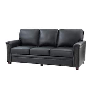 Cristina 77.2 in. Wide Black Leather Rectangle 3-Seat Sofa with Wooden Legs
