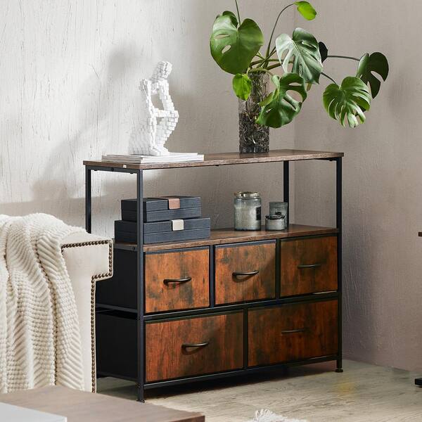 dresser for linen storage Tileon 39 in. W x 12 in. D x 31 in. H Brown Wood Freestanding Linen Cabinet  5-Drawer Dresser with Open Shelf and Adjust Feet YJHDRA379
