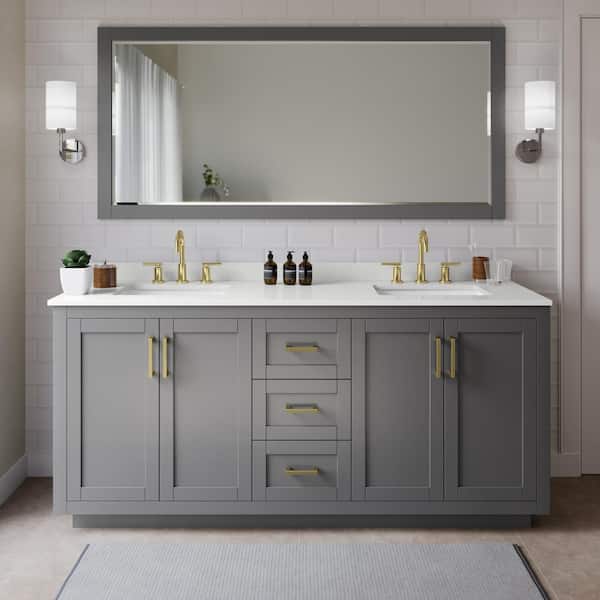 Wyndham Collection Miranda 72 in. W x 22 in. D x 33.75 in. H Double Bath Vanity in Dark Gray with White Quartz Top and 70 in. Mirror