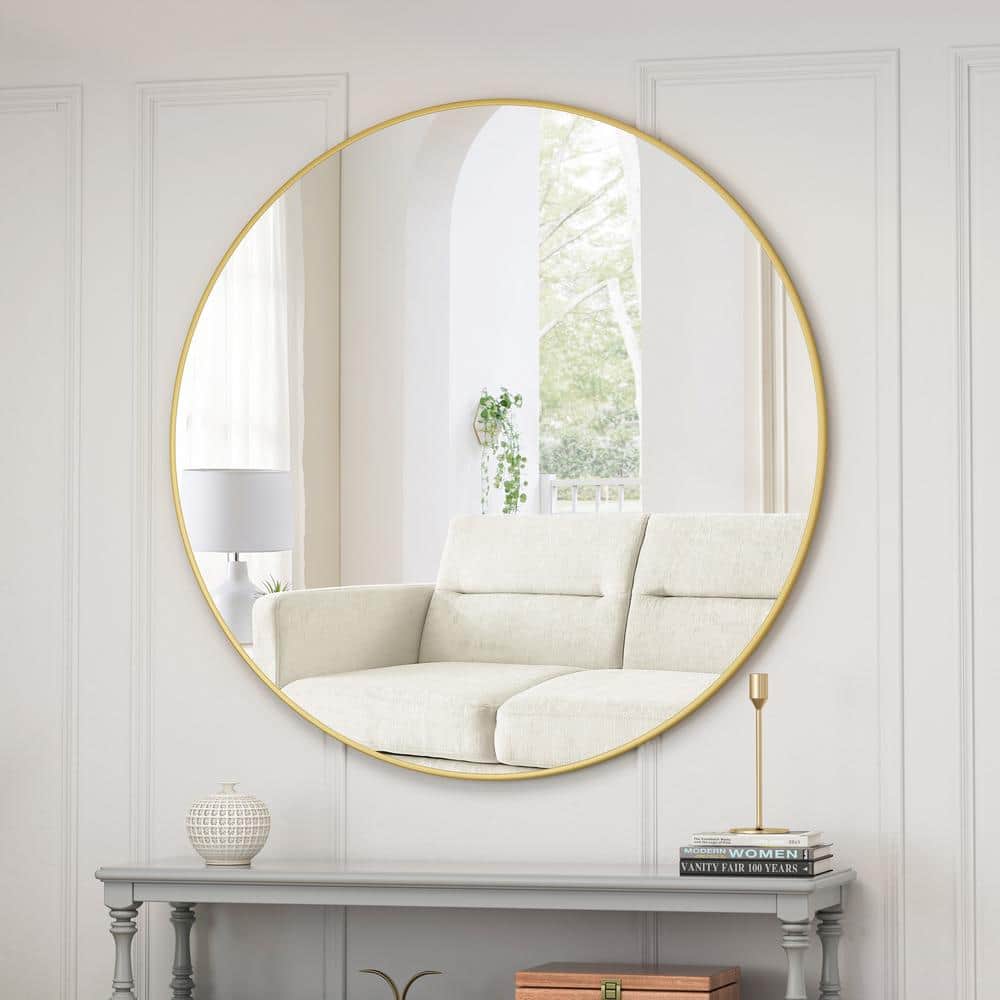 39 in. W x 39 in. H Round Framed Wall Bathroom Vanity Mirror in Gold, Wall 
