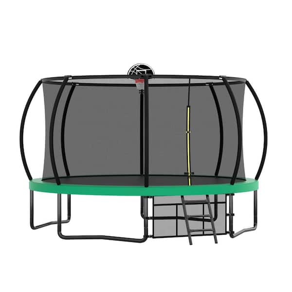 Unbranded 12 ft. Recreational Kids Trampoline with Safety Enclosure Net & Ladder, Outdoor Recreational Trampolines, Green
