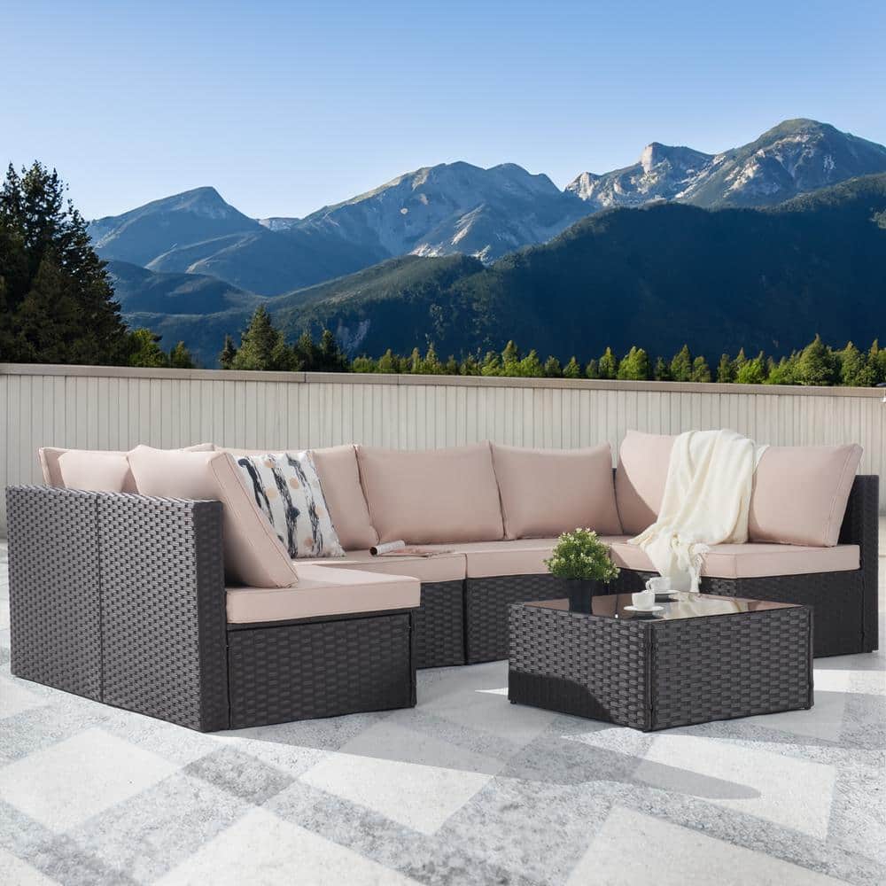 7-Piece Wicker Patio Conversation Sofa Set, Outdoor Sectional Seating with 