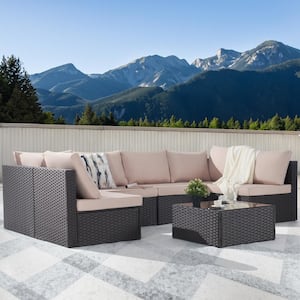 7-Piece Wicker Patio Conversation Sofa Set, Outdoor Sectional Seating with Tempered Glass, Sand Cushion