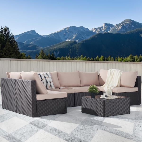 SANSTAR 7-Piece Wicker Patio Conversation Sofa Set, Outdoor Sectional Seating with Tempered Glass, Sand Cushion