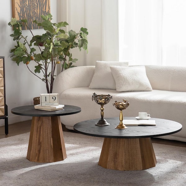 Brennor Modern 35.04 in. Black and Wood Finish Round MDF Wood Coffee Table Tea Table