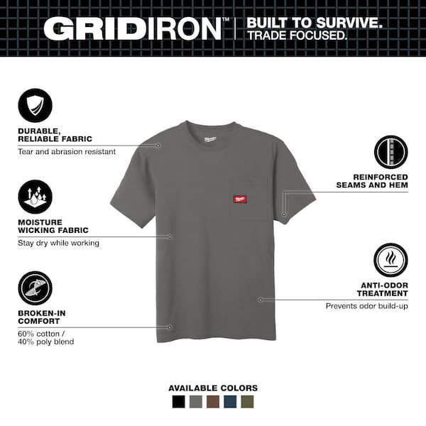 Men's Large Gray GRIDIRON Cotton/Polyester Short Sleeve Pocket T-Shirt (2-Pack)
