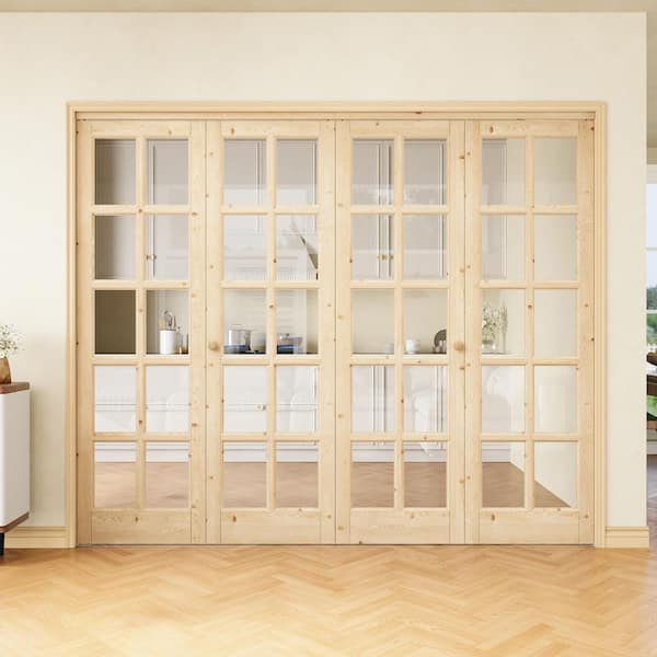 96 in. x 80 in. 10-Lite Clear Glass Solid Core Unfinished Pine Wood Interior Closet Bi-Fold Door with Hardware