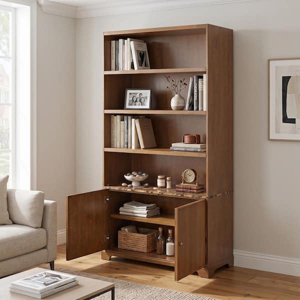 Modern Walnut Finish 91.06 in. H MDF Wood Accent Storage Cabinet Bookcase with Shelves