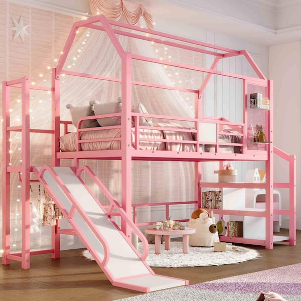 Pink Twin Metal Loft Bed with Slide, Stairs and Storage Shelves