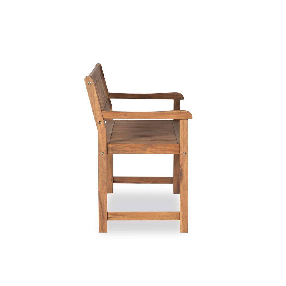 Wooden outdoor bench with a slatted seat and back.