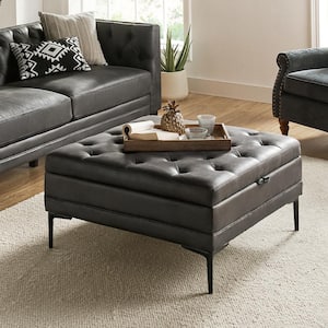 Jeremias Charcoal Transitional Lift Top Shelved Storage Button-Tufted Cocktail Ottoman with Metal Leg