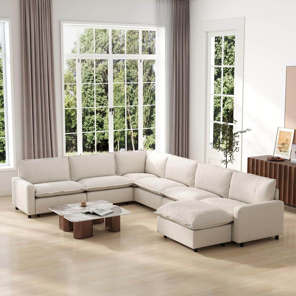 140.16 in. Square Arm 7-Piece Linen Modern Modular Sectional Sofa Spacious Living Room Couch with Ottoman in Beige