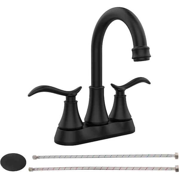 GELE Bathroom Faucet Matt Black with Pop-Up Drain and Supply Hoses 2-Handle 360° High Arc Swivel Spout Centerset 4 in.
