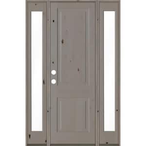 58 in. x 96 in. Rustic Knotty Alder Right-Hand/Inswing Clear Glass Grey Stain Square Top Wood Prehung Front Door