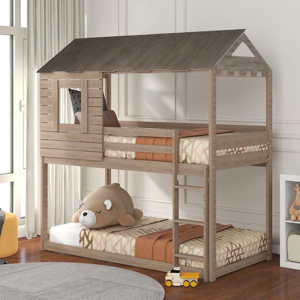 Eer Antique Gray Twin Over Wood, Tree House Twin Over Bunk Bed