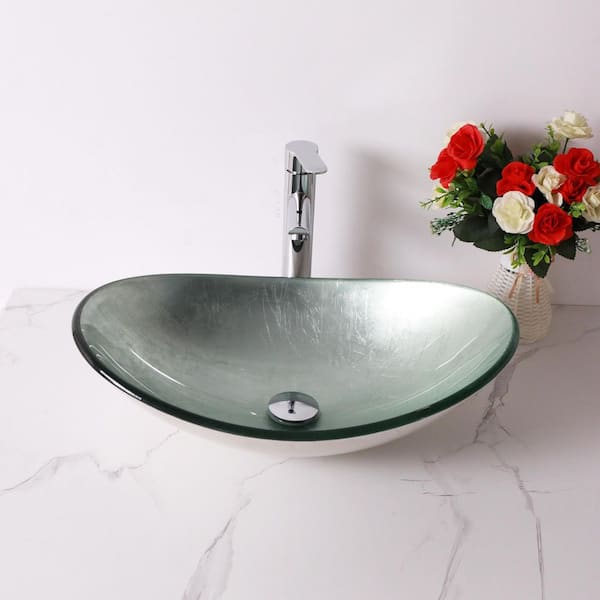 21-1/2 in. Sliver Glass Oval Vessel Bathroom Sink with Black Pop-up Drain
