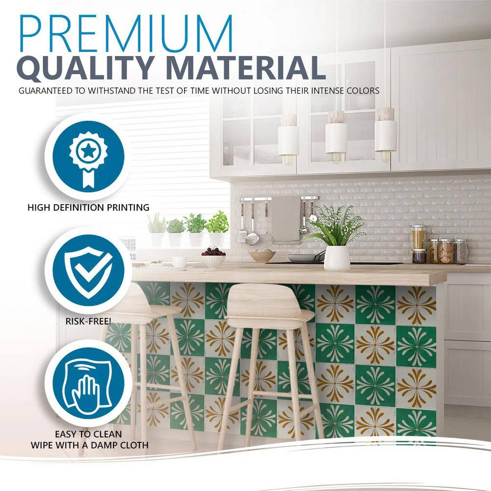 8x8-inch Antiquewhite Green Gold Vinyl Peel and Stick Tile Stickers