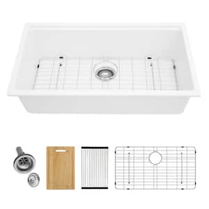 30 in. Undermount Single Bowl White Quartz Composite Workstation Kitchen Sink with Bottom Grids and Cutting Board