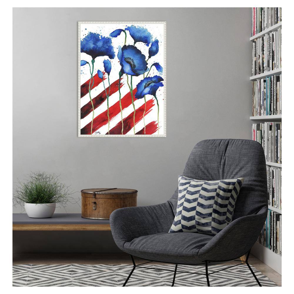 Patriotic Floral II Blue and Red Canvas Wall Art with White Frame