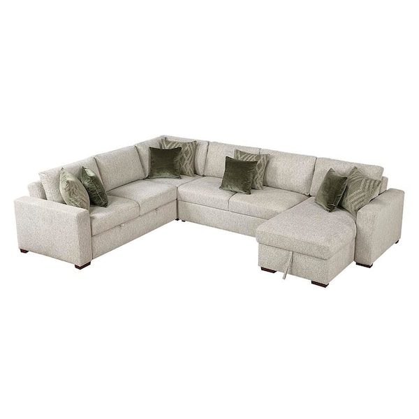 Lazzara Deleon 140 in. Straight Arm 4-Piece Microfiber Sectional Sofa with Reversible Chaise and Pull-out Bed in Sand