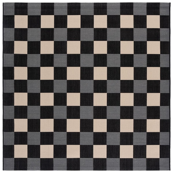 Courtyard Black/Beige 7 ft. x 7 ft. Plaid Grid Indoor/Outdoor Square Area Rug