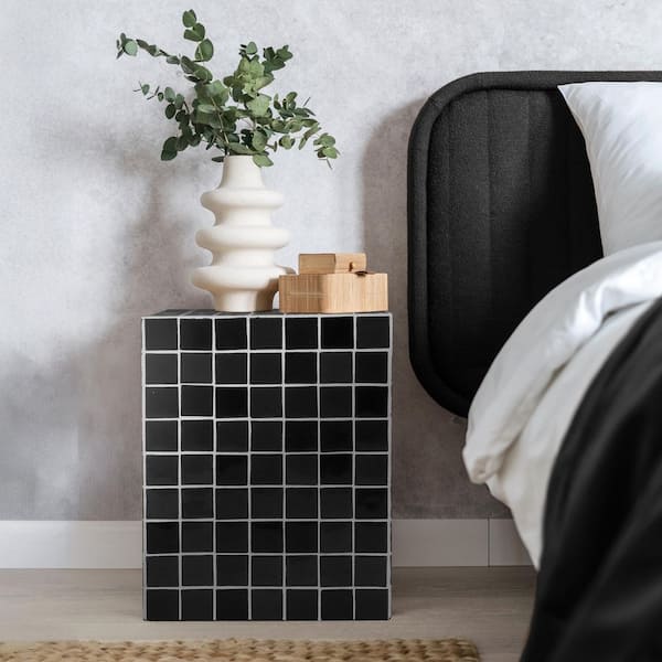 Callista 14 in. W x 18 in. H Modern Bohemian Ceramic Tiled Rectangle End Table, Black/White