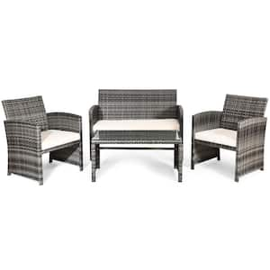 4-Pieces Patio Outdoor Rattan Furniture Set Chair Loveseat Table with White Cushion