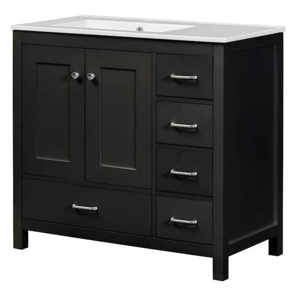 36 in. W x 18 in. D x 33.9 in. H Single Sink Freestanding Bath Vanity in Black with White Ceramic Top