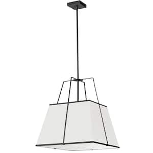Trapezoid 1-Light Black Frame Pendant with White Fabric Shade